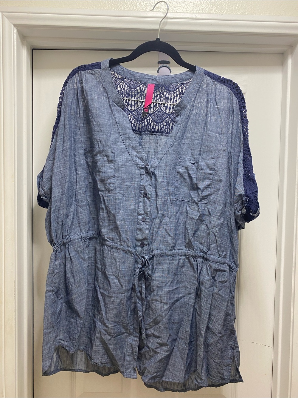 Pure Energy Blue Chambray Button-Front Blouse with Navy Crochet Trim
